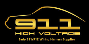 The 911 High Voltage logo which shows the silhouette of a 911 and the says 911 High Voltage, Early 911/912 Wiring Harness Supplies