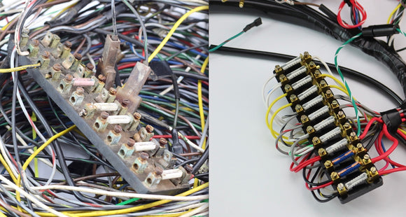 An image showing a new harness and fuse panel on the left vs an old harness and fuse panel on the right